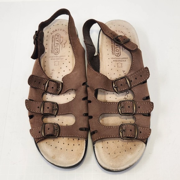 Fly Flot Brown Leather Multi Strap Comfort Sandals Size 39 US 8 Slingback Wedge - Picture 2 of 9